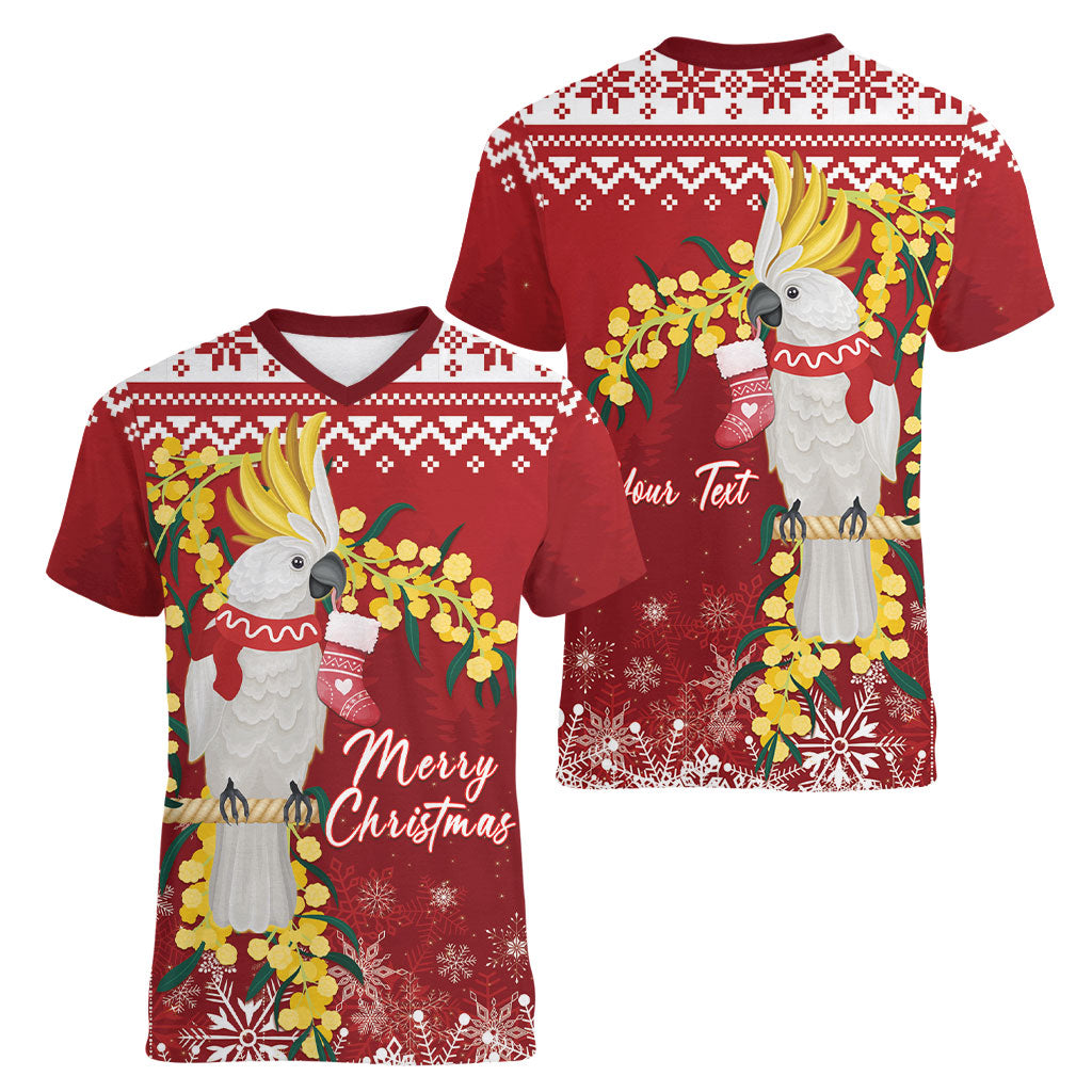 Australia Sulphur-crested Cockatoo Christmas Personalised Women V-Neck T-Shirt Aussie Golden Wattle Merry Xmas