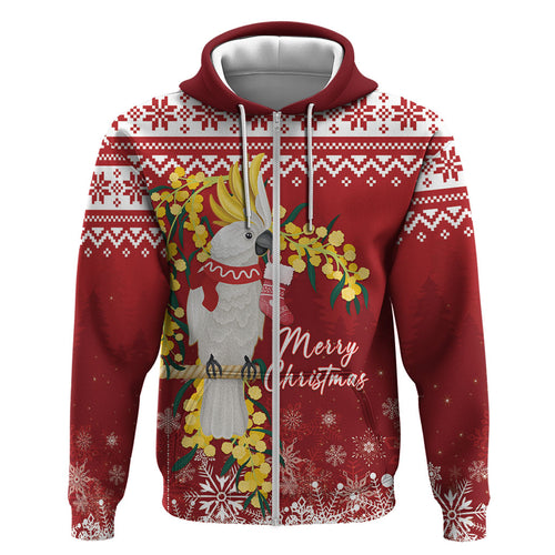 Australia Sulphur-crested Cockatoo Christmas Personalised Zip Hoodie Aussie Golden Wattle Merry Xmas