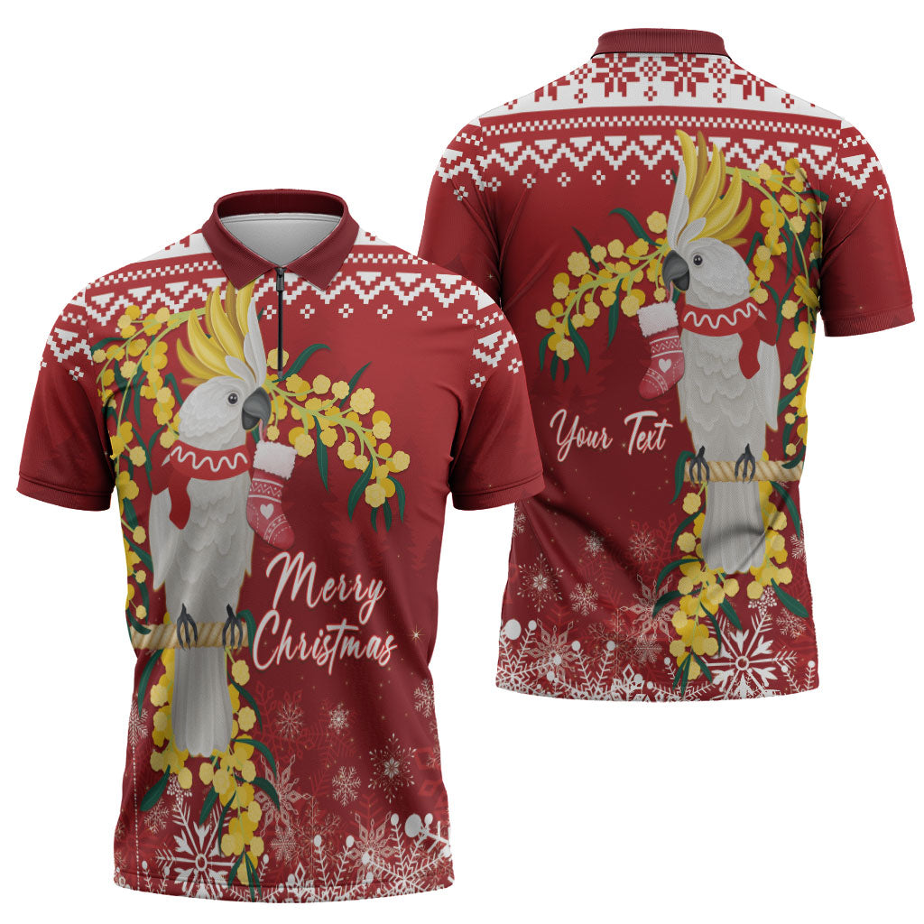 Australia Sulphur-crested Cockatoo Christmas Personalised Zipper Polo Shirt Aussie Golden Wattle Merry Xmas