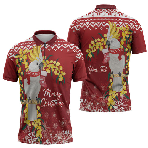 Australia Sulphur-crested Cockatoo Christmas Personalised Zipper Polo Shirt Aussie Golden Wattle Merry Xmas