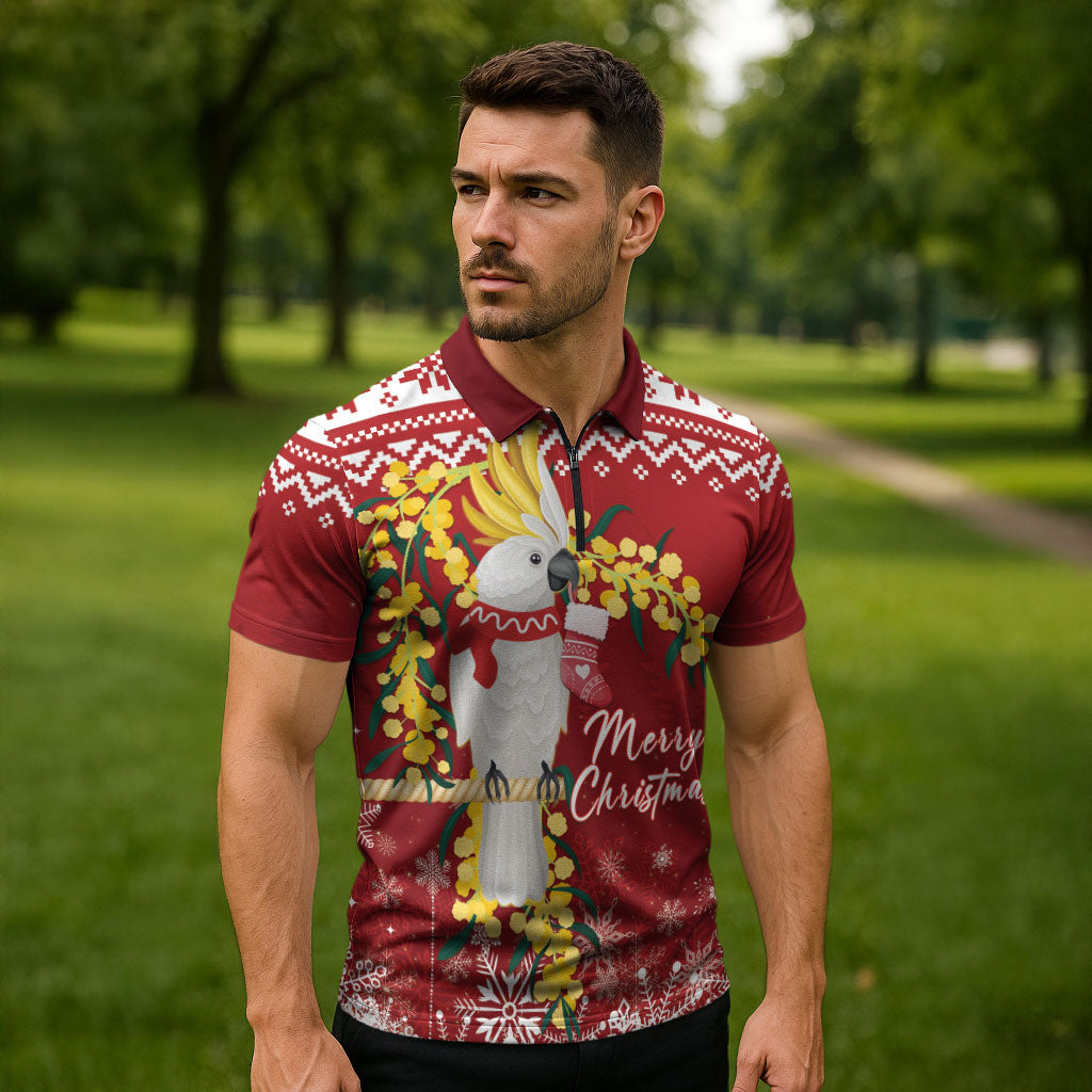 Australia Sulphur-crested Cockatoo Christmas Personalised Zipper Polo Shirt Aussie Golden Wattle Merry Xmas