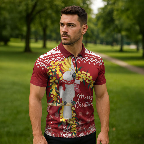 Australia Sulphur-crested Cockatoo Christmas Personalised Zipper Polo Shirt Aussie Golden Wattle Merry Xmas