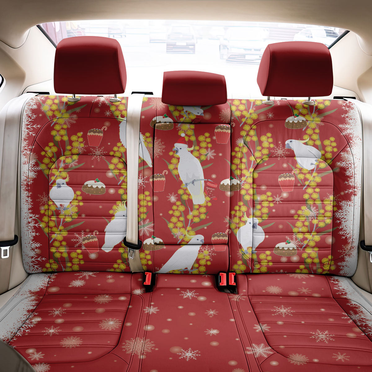 Australia Sulphur-crested Cockatoo Christmas Back Car Seat Cover Aussie Golden Wattle Seamless Style
