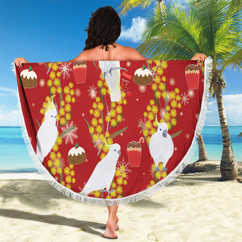 Australia Sulphur-crested Cockatoo Christmas Beach Blanket Aussie Golden Wattle Seamless Style