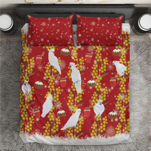 Australia Sulphur-crested Cockatoo Christmas Bedding Set Aussie Golden Wattle Seamless Style