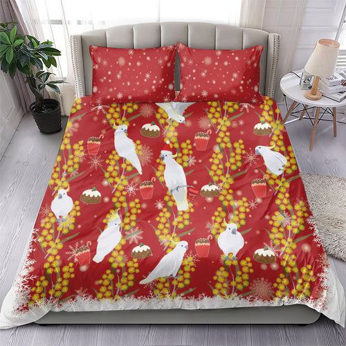 Australia Sulphur-crested Cockatoo Christmas Bedding Set Aussie Golden Wattle Seamless Style