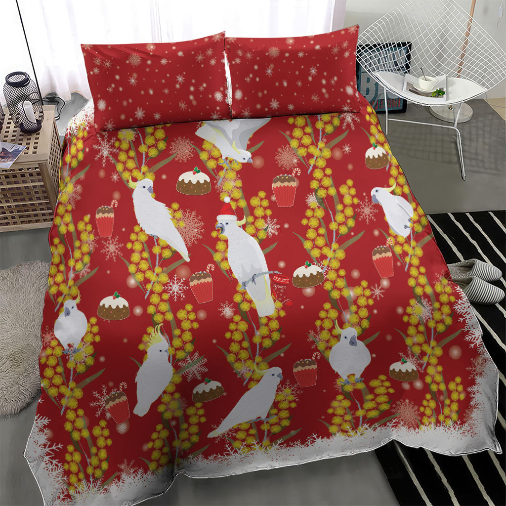 Australia Sulphur-crested Cockatoo Christmas Bedding Set Aussie Golden Wattle Seamless Style