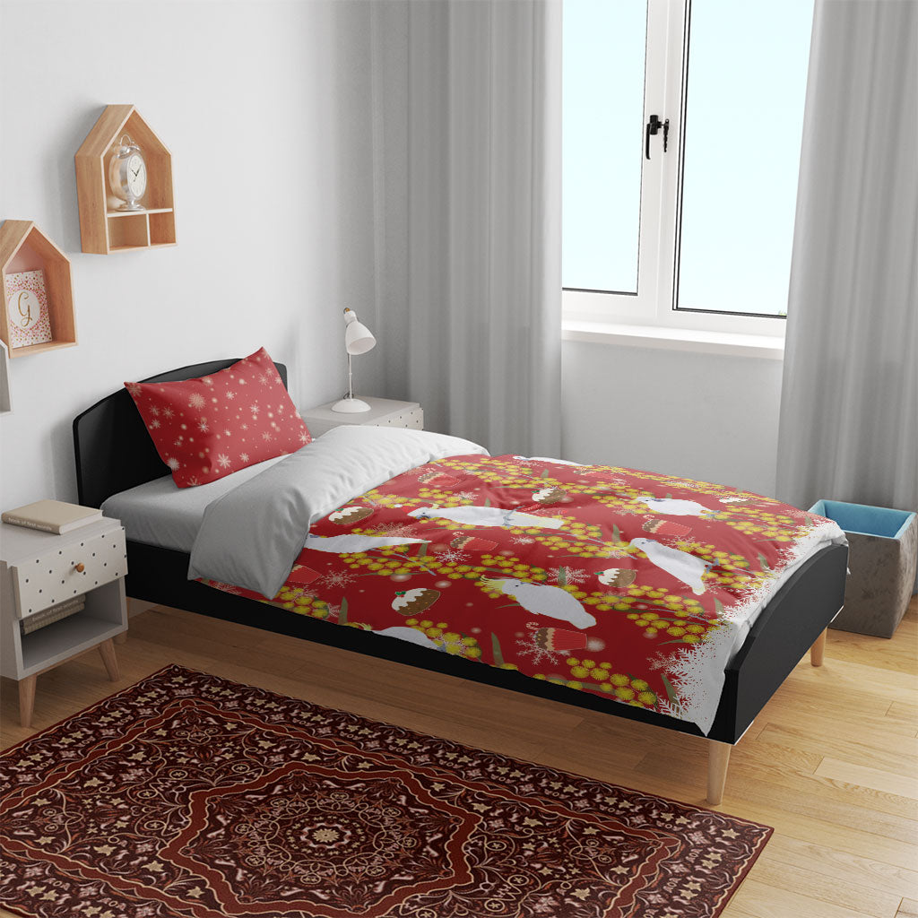 Australia Sulphur-crested Cockatoo Christmas Bedding Set Aussie Golden Wattle Seamless Style