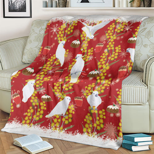 Australia Sulphur-crested Cockatoo Christmas Blanket Aussie Golden Wattle Seamless Style