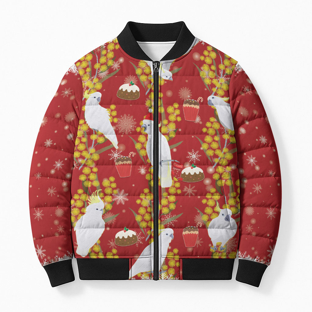 Australia Sulphur-crested Cockatoo Christmas Bomber Puffer Jacket Aussie Golden Wattle Seamless Style