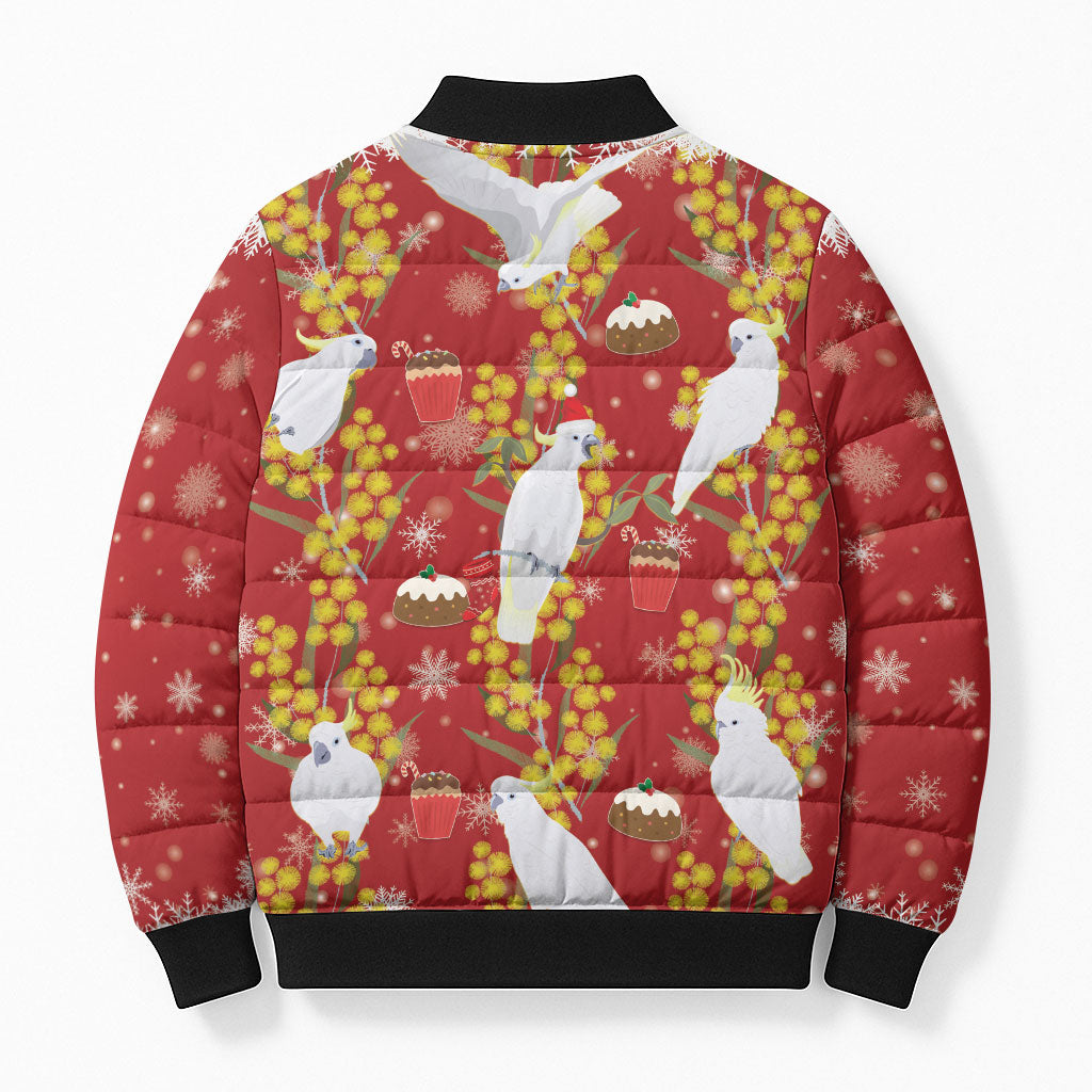 Australia Sulphur-crested Cockatoo Christmas Bomber Puffer Jacket Aussie Golden Wattle Seamless Style