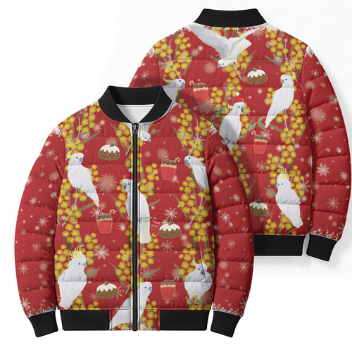 Australia Sulphur-crested Cockatoo Christmas Bomber Puffer Jacket Aussie Golden Wattle Seamless Style