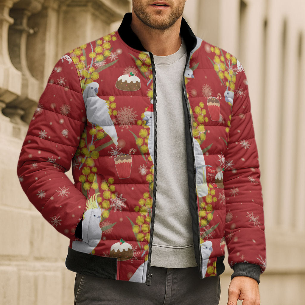 Australia Sulphur-crested Cockatoo Christmas Bomber Puffer Jacket Aussie Golden Wattle Seamless Style
