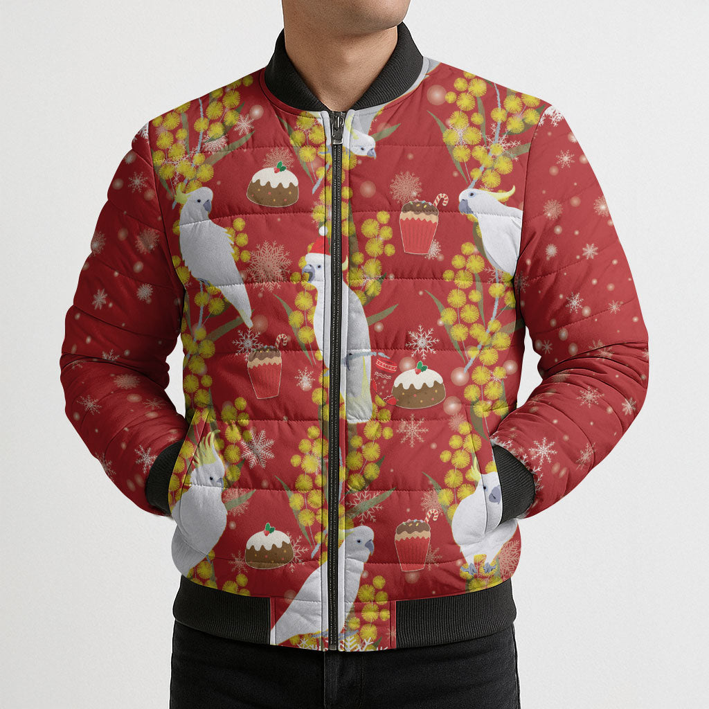 Australia Sulphur-crested Cockatoo Christmas Bomber Puffer Jacket Aussie Golden Wattle Seamless Style