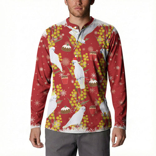 Australia Sulphur-crested Cockatoo Christmas Button Sweatshirt Aussie Golden Wattle Seamless Style