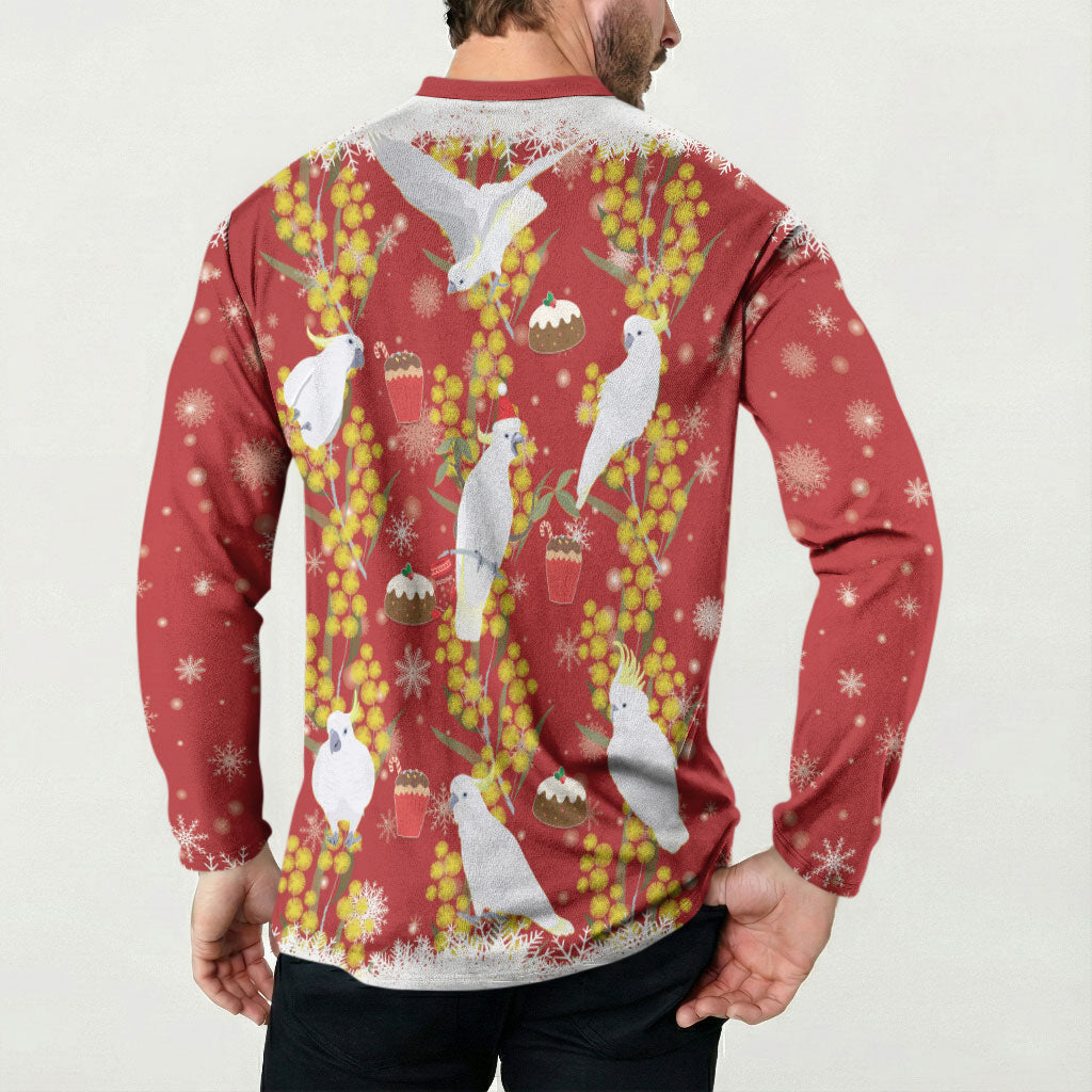 Australia Sulphur-crested Cockatoo Christmas Button Sweatshirt Aussie Golden Wattle Seamless Style