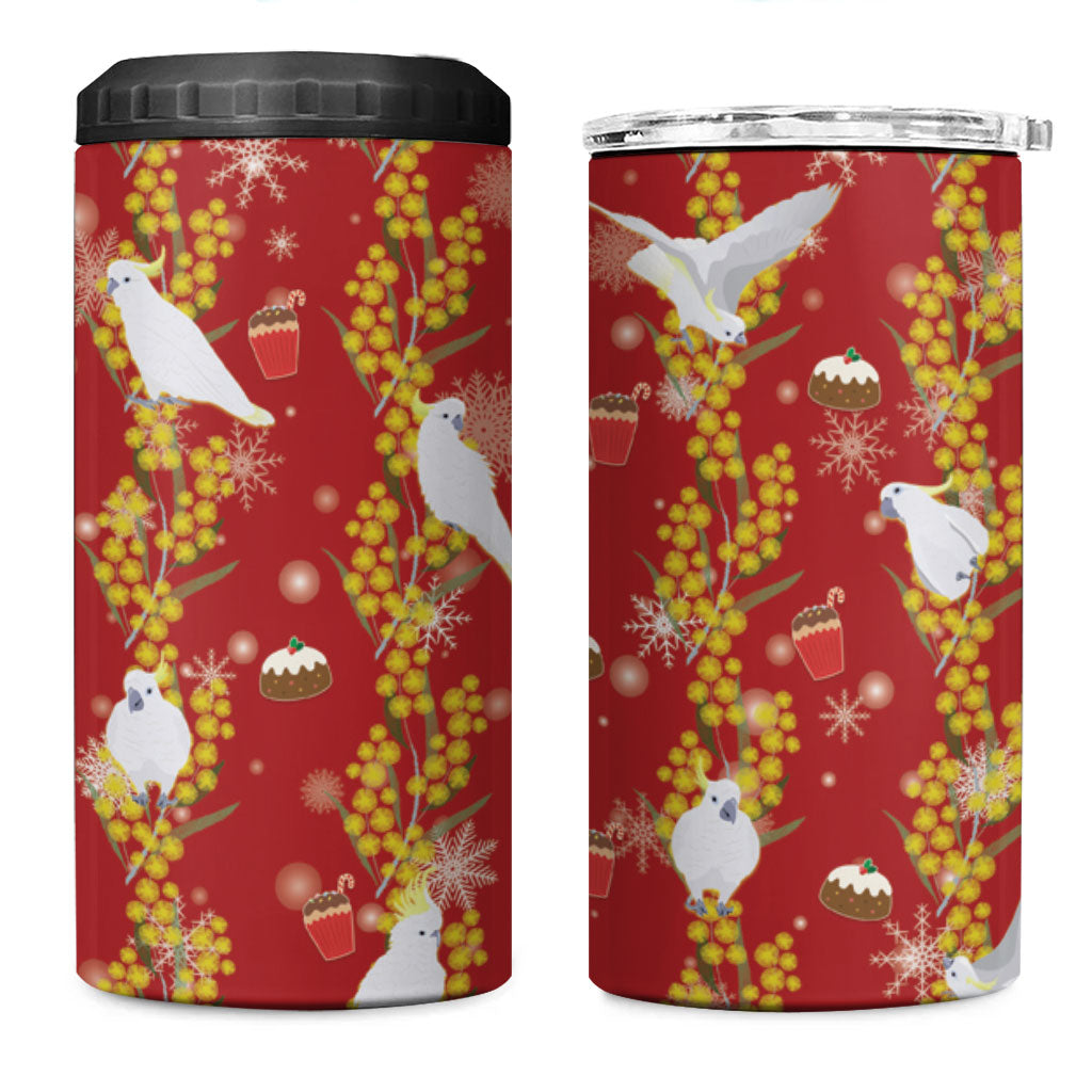 Australia Sulphur-crested Cockatoo Christmas 4 in 1 Can Cooler Tumbler Aussie Golden Wattle Seamless Style