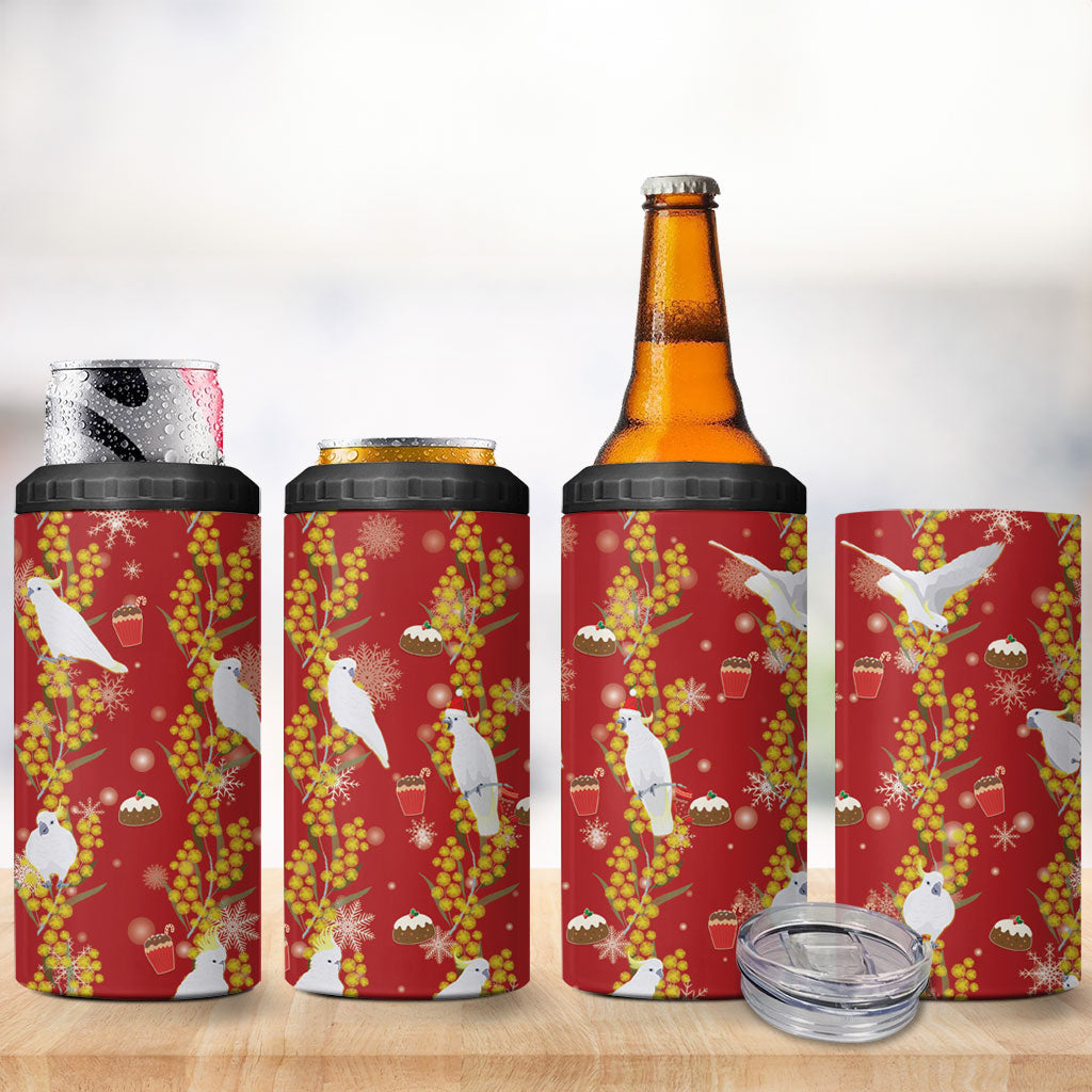 Australia Sulphur-crested Cockatoo Christmas 4 in 1 Can Cooler Tumbler Aussie Golden Wattle Seamless Style
