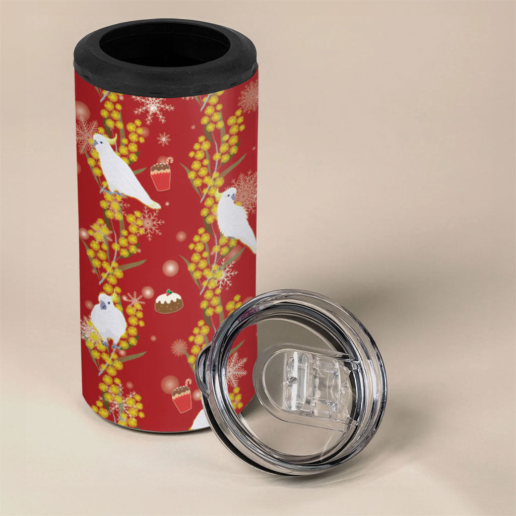Australia Sulphur-crested Cockatoo Christmas 4 in 1 Can Cooler Tumbler Aussie Golden Wattle Seamless Style