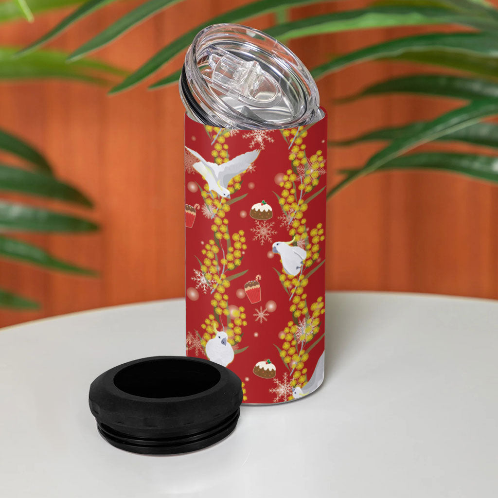 Australia Sulphur-crested Cockatoo Christmas 4 in 1 Can Cooler Tumbler Aussie Golden Wattle Seamless Style