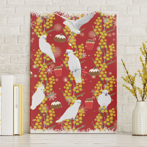 Australia Sulphur-crested Cockatoo Christmas Canvas Wall Art Aussie Golden Wattle Seamless Style
