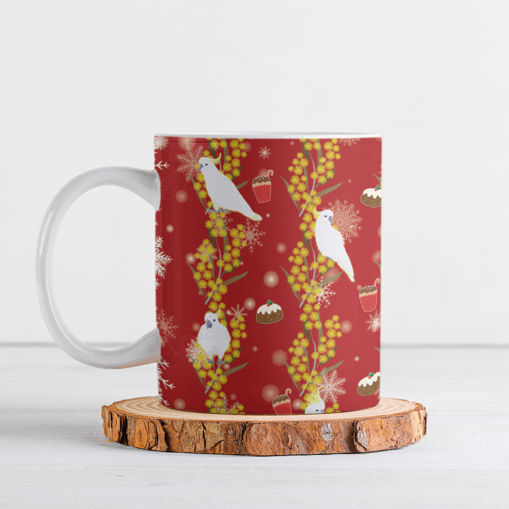 Australia Sulphur-crested Cockatoo Christmas Ceramic Mug Aussie Golden Wattle Seamless Style