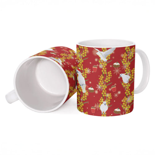 Australia Sulphur-crested Cockatoo Christmas Ceramic Mug Aussie Golden Wattle Seamless Style
