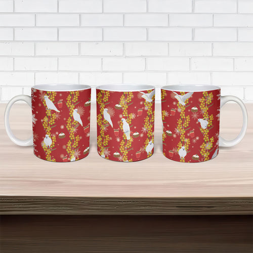 Australia Sulphur-crested Cockatoo Christmas Ceramic Mug Aussie Golden Wattle Seamless Style
