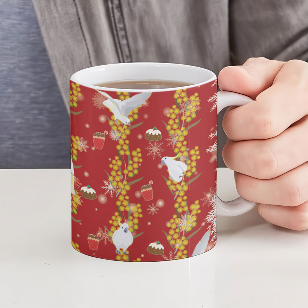 Australia Sulphur-crested Cockatoo Christmas Ceramic Mug Aussie Golden Wattle Seamless Style