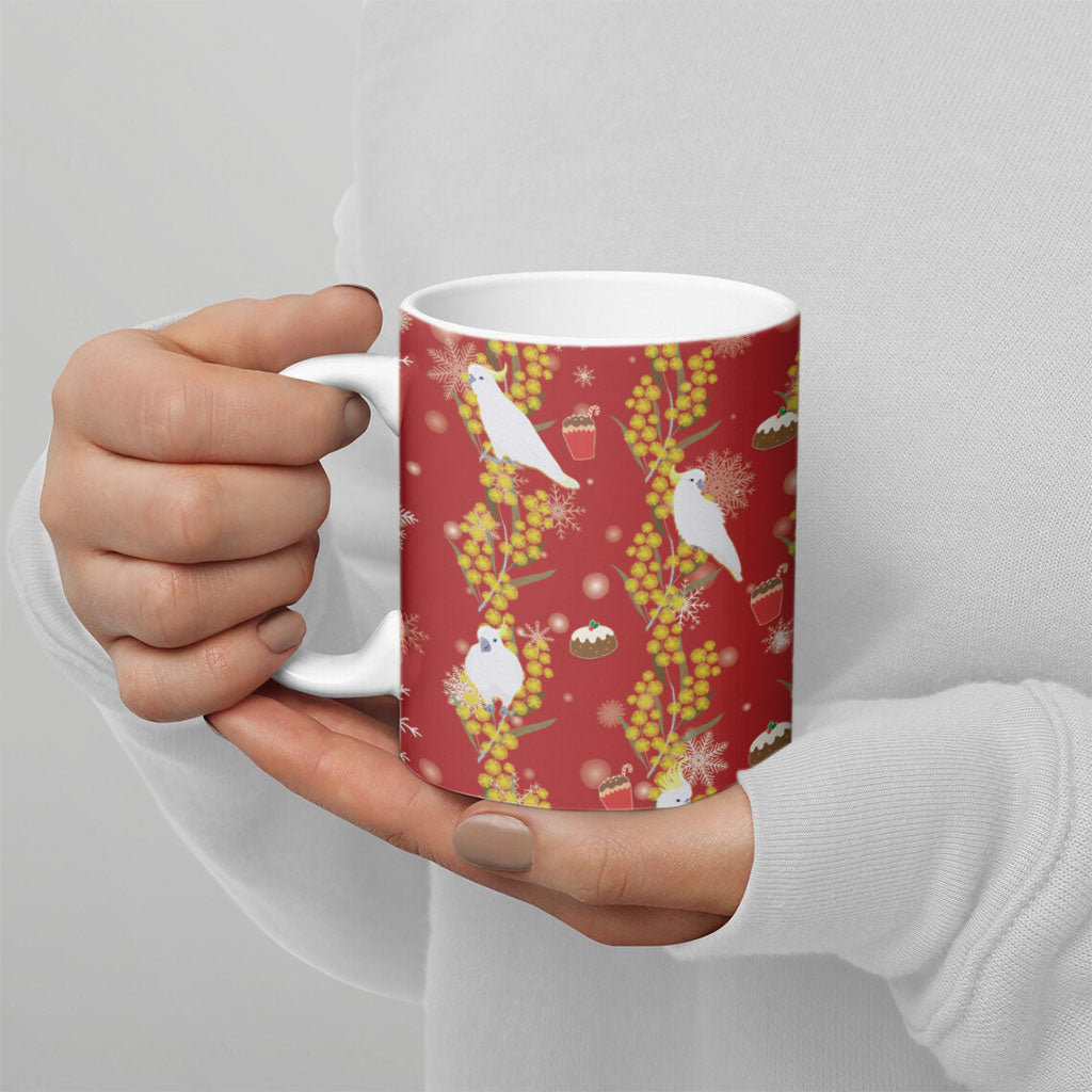 Australia Sulphur-crested Cockatoo Christmas Ceramic Mug Aussie Golden Wattle Seamless Style