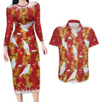 Australia Sulphur-crested Cockatoo Christmas Couples Matching Long Sleeve Bodycon Dress and Hawaiian Shirt Aussie Golden Wattle Seamless Style