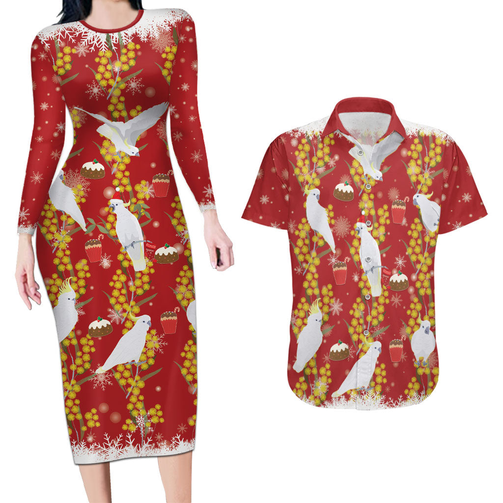 Australia Sulphur-crested Cockatoo Christmas Couples Matching Long Sleeve Bodycon Dress and Hawaiian Shirt Aussie Golden Wattle Seamless Style
