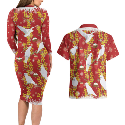 Australia Sulphur-crested Cockatoo Christmas Couples Matching Long Sleeve Bodycon Dress and Hawaiian Shirt Aussie Golden Wattle Seamless Style