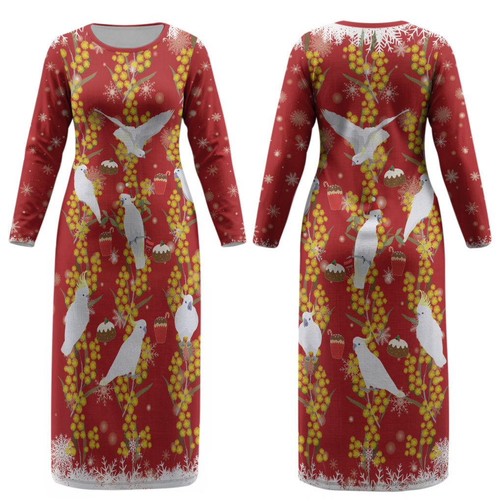 Australia Sulphur-crested Cockatoo Christmas Couples Matching Long Sleeve Bodycon Dress and Hawaiian Shirt Aussie Golden Wattle Seamless Style LT22