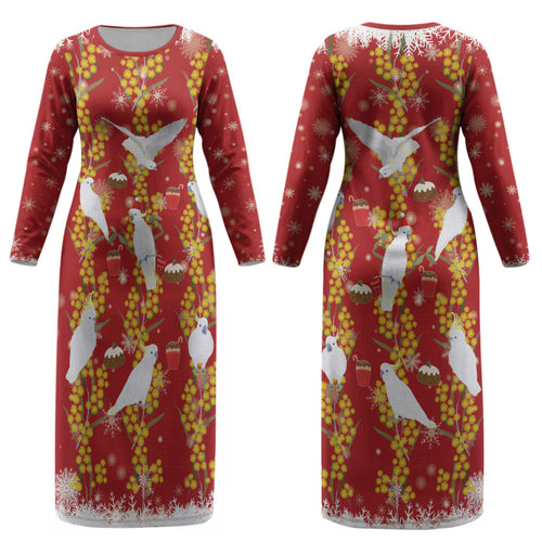 Australia Sulphur-crested Cockatoo Christmas Couples Matching Long Sleeve Bodycon Dress and Hawaiian Shirt Aussie Golden Wattle Seamless Style LT22