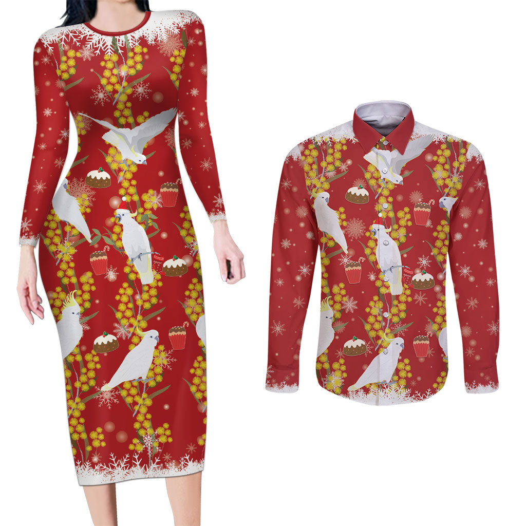 Australia Sulphur-crested Cockatoo Christmas Couples Matching Long Sleeve Bodycon Dress and Long Sleeve Button Shirt Aussie Golden Wattle Seamless Style