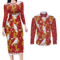 Australia Sulphur-crested Cockatoo Christmas Couples Matching Long Sleeve Bodycon Dress and Long Sleeve Button Shirt Aussie Golden Wattle Seamless Style