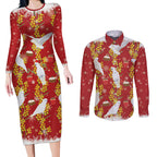 Australia Sulphur-crested Cockatoo Christmas Couples Matching Long Sleeve Bodycon Dress and Long Sleeve Button Shirt Aussie Golden Wattle Seamless Style