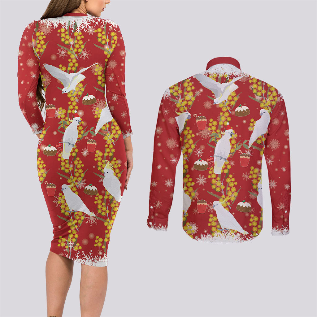 Australia Sulphur-crested Cockatoo Christmas Couples Matching Long Sleeve Bodycon Dress and Long Sleeve Button Shirt Aussie Golden Wattle Seamless Style