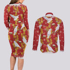 Australia Sulphur-crested Cockatoo Christmas Couples Matching Long Sleeve Bodycon Dress and Long Sleeve Button Shirt Aussie Golden Wattle Seamless Style
