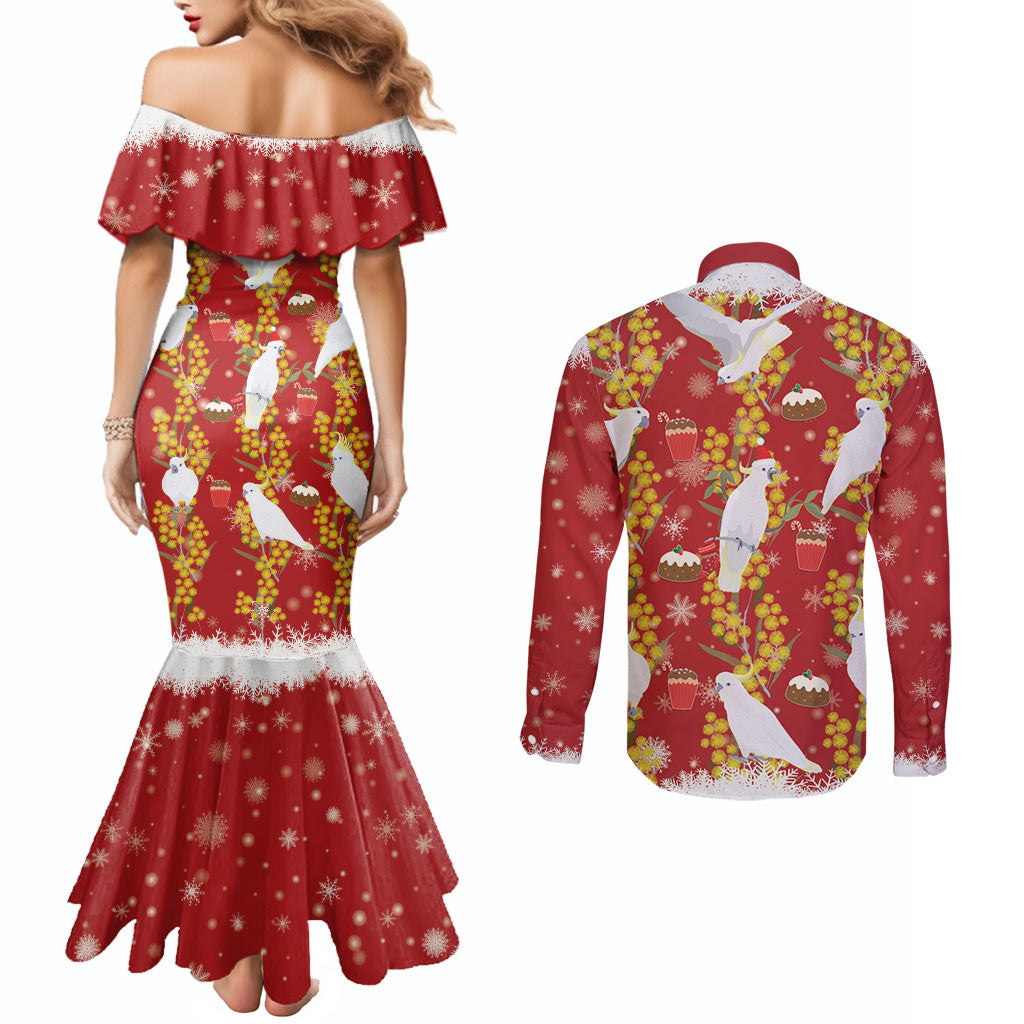 Australia Sulphur-crested Cockatoo Christmas Couples Matching Mermaid Dress and Long Sleeve Button Shirt Aussie Golden Wattle Seamless Style