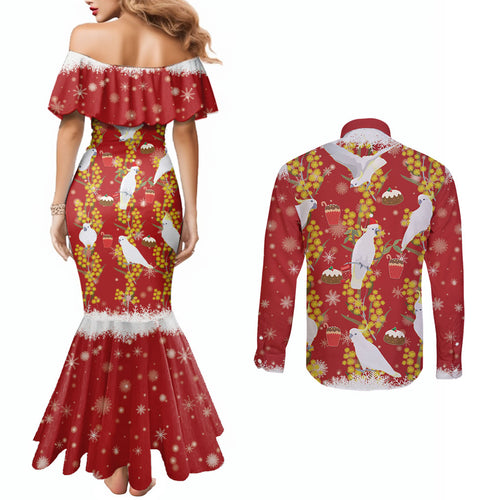 Australia Sulphur-crested Cockatoo Christmas Couples Matching Mermaid Dress and Long Sleeve Button Shirt Aussie Golden Wattle Seamless Style