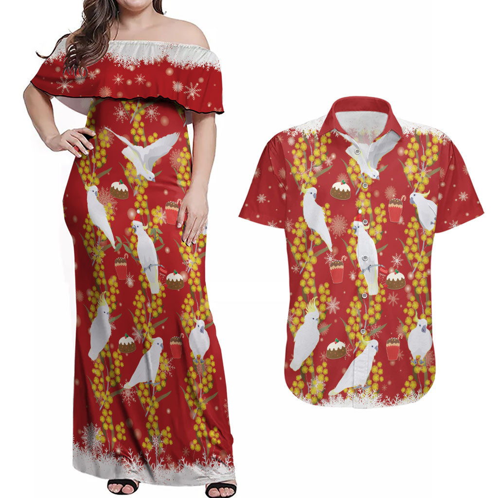 Australia Sulphur-crested Cockatoo Christmas Couples Matching Off Shoulder Maxi Dress and Hawaiian Shirt Aussie Golden Wattle Seamless Style