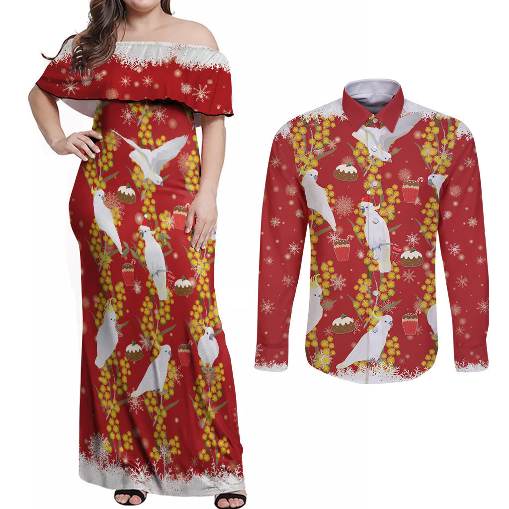 Australia Sulphur-crested Cockatoo Christmas Couples Matching Off Shoulder Maxi Dress and Long Sleeve Button Shirt Aussie Golden Wattle Seamless Style