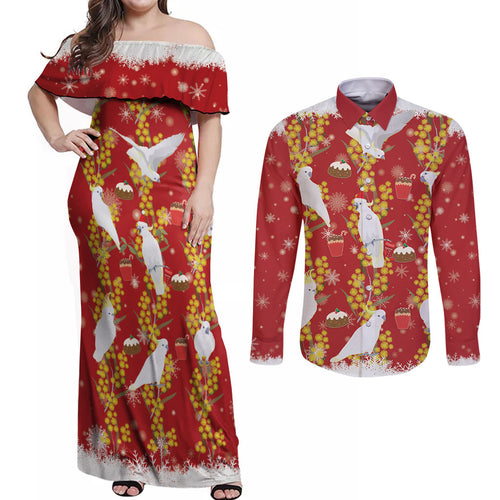 Australia Sulphur-crested Cockatoo Christmas Couples Matching Off Shoulder Maxi Dress and Long Sleeve Button Shirt Aussie Golden Wattle Seamless Style