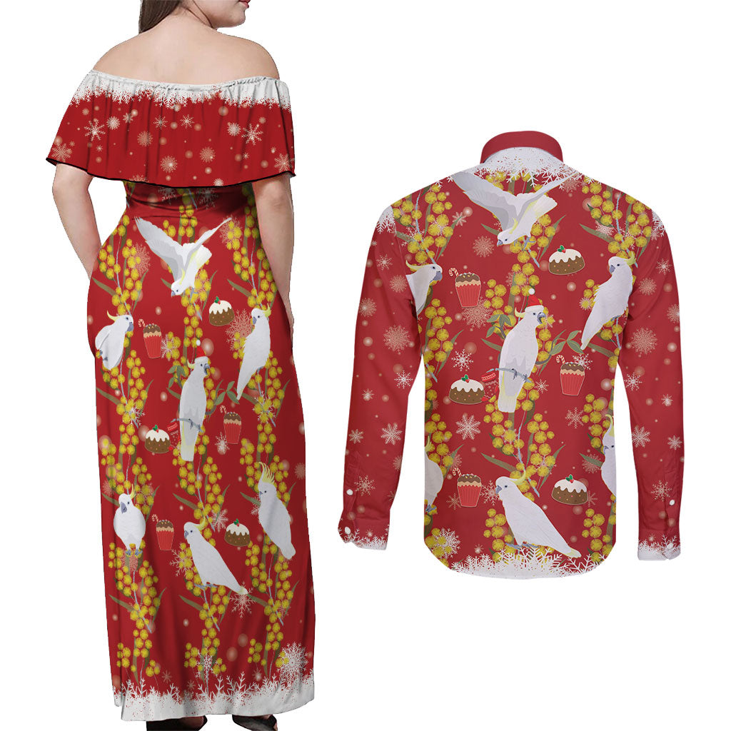 Australia Sulphur-crested Cockatoo Christmas Couples Matching Off Shoulder Maxi Dress and Long Sleeve Button Shirt Aussie Golden Wattle Seamless Style