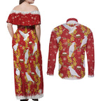 Australia Sulphur-crested Cockatoo Christmas Couples Matching Off Shoulder Maxi Dress and Long Sleeve Button Shirt Aussie Golden Wattle Seamless Style