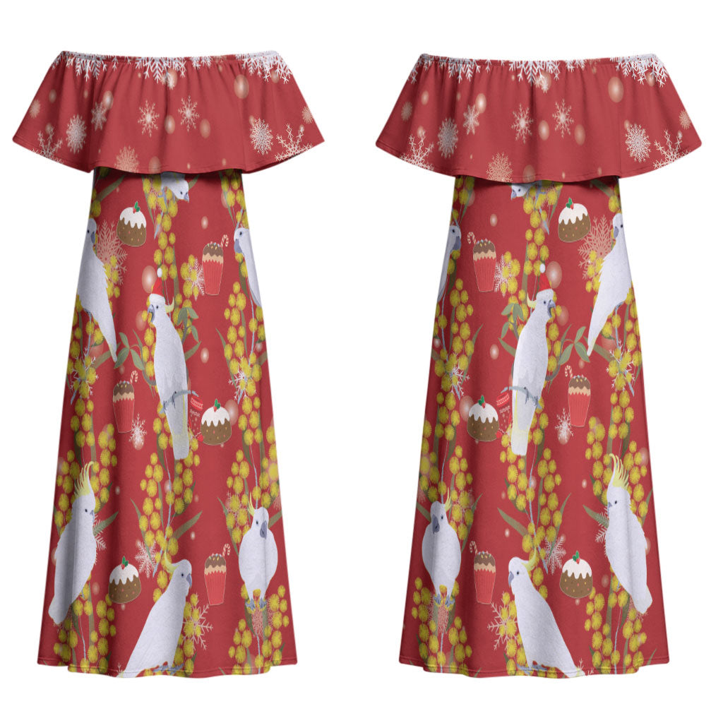Australia Sulphur-crested Cockatoo Christmas Couples Matching Off Shoulder Maxi Dress and Long Sleeve Button Shirt Aussie Golden Wattle Seamless Style LT22