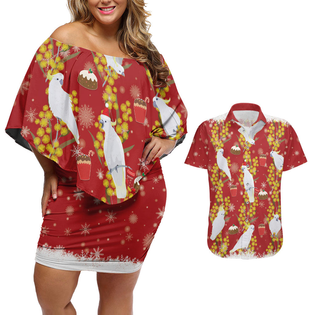 Australia Sulphur-crested Cockatoo Christmas Couples Matching Off Shoulder Short Dress and Hawaiian Shirt Aussie Golden Wattle Seamless Style