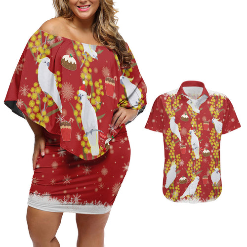 Australia Sulphur-crested Cockatoo Christmas Couples Matching Off Shoulder Short Dress and Hawaiian Shirt Aussie Golden Wattle Seamless Style